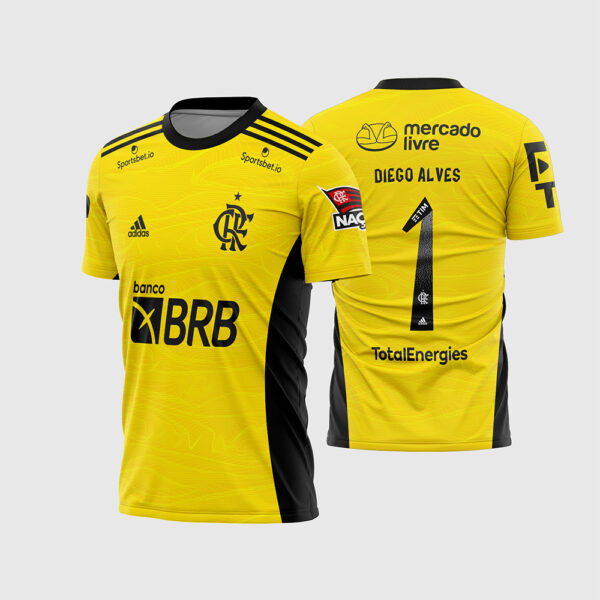 Arte Vetor Template Camisa Flamengo Goleiro 2021 2022 Amarela Preta Diego Alves 1 Oficial para Sublimação