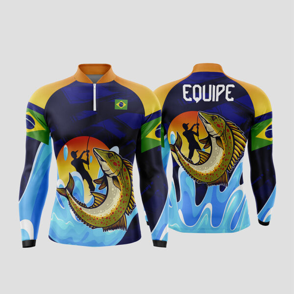 Arte Vetor Template Camisa de Pesca Esportiva Manga Longa Modelo 1 Peixe Tucunare Pescador Bandeira do Brasil Gola Padre Oficial para Sublimacao CorelDRAW