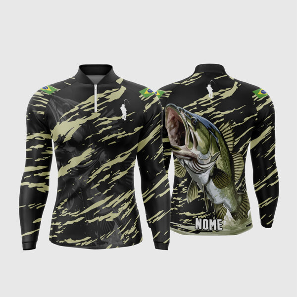 Arte Vetor Template Camisa de Pesca Esportiva Manga Longa Modelo 10 Camuflada Tiger Stripe Verde Oliva Preto Peixe Black Bass Bandeira do Brasil Oficial para Sublimacao CorelDRAW