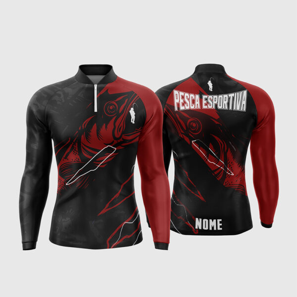 Arte Vetor Template Camisa de Pesca Esportiva Manga Longa Modelo 11 Preta Vermelha Assimetrica Line Art Peixe Oficial para Sublimacao CorelDRAW