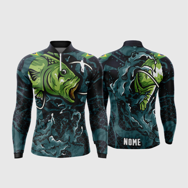 Arte Vetor Template Camisa de Pesca Esportiva Manga Longa Modelo 12 Peixe Fisgada Agua Agitada Textura Escamas Bandeira do Brasil Oficial para Sublimacao CorelDRAW