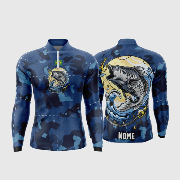 Arte Vetor Template Camisa de Pesca Esportiva Manga Longa Modelo 13 Camuflada Azul Marinho Linhas Topograficas Peixe Vara Carretilha Bandeira do Brasil Oficial para Sublimacao CorelDRAW
