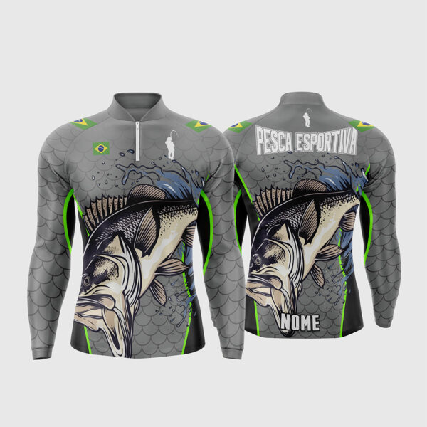 Arte Vetor Template Camisa de Pesca Esportiva Manga Longa Modelo 14 Cinza Escamas Verde Neon Peixe Black Bass Bandeira do Brasil Oficial para Sublimacao CorelDRAW