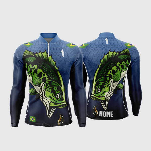 Arte Vetor Template Camisa de Pesca Esportiva Manga Longa Modelo 15 Azul Textura Hexagonal Peixe Tucunare Verde Isca Artificial Bandeira do Brasil Oficial para Sublimacao CorelDRAW