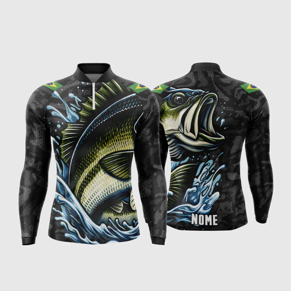 Arte Vetor Template Camisa de Pesca Esportiva Manga Longa Modelo 16 Fundo Escuro Texturizado Peixe Gigante Tucunare Agua Splash Bandeira do Brasil Oficial para Sublimacao CorelDRAW