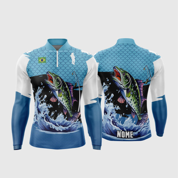 Arte Vetor Template Camisa de Pesca Esportiva Manga Longa Modelo 17 Azul Branca Escamas Peixe Saltando Agua Splash Bandeira do Brasil Oficial para Sublimacao CorelDRAW