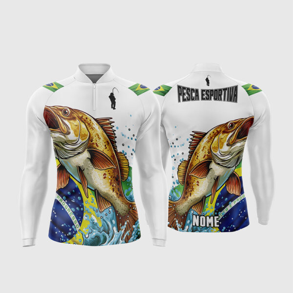 Arte Vetor Template Camisa de Pesca Esportiva Manga Longa Modelo 18 Branca Peixe Bandeira do Brasil Barra Ordem e Progresso Oficial para Sublimacao CorelDRAW