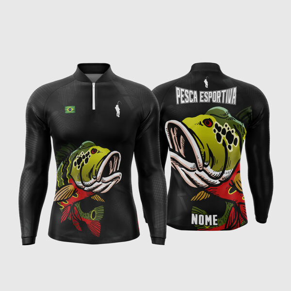Arte Vetor Template Camisa de Pesca Esportiva Manga Longa Modelo 19 Preta Peixe Tucunare Bandeira do Brasil Oficial para Sublimacao CorelDRAW