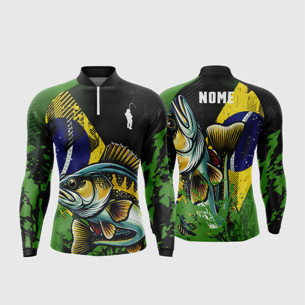 Arte Vetor Template Camisa de Pesca Esportiva Manga Longa Modelo 2 Peixe Tucunare Bandeira do Brasil Grunge Preto Verde Oficial para Sublimacao CorelDRAW