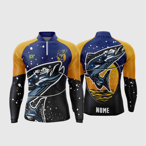 Arte Vetor Template Camisa de Pesca Esportiva Manga Longa Modelo 20 Azul Marinho Preta Amarela Peixe Por do Sol Estrelas Bandeira do Brasil Oficial para Sublimacao CorelDRAW