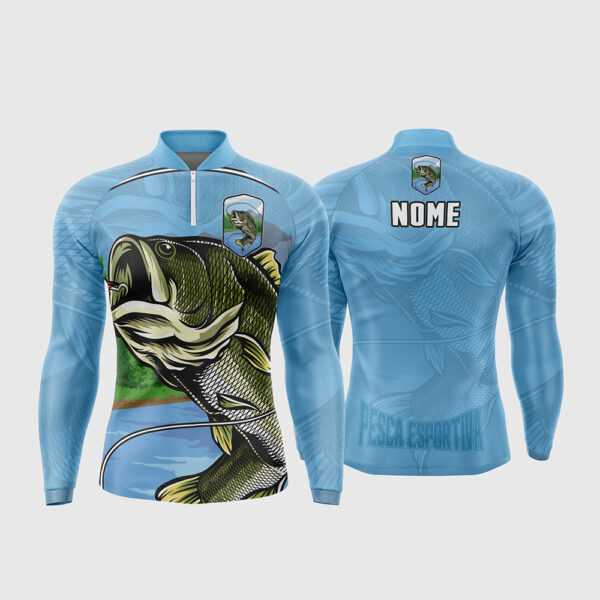 Arte Vetor Template Camisa de Pesca Esportiva Manga Longa Modelo 21 Azul Claro Peixe Paisagem Rio Brasao Marca Dagua Oficial para Sublimacao CorelDRAW