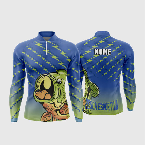 Arte Vetor Template Camisa de Pesca Esportiva Manga Longa Modelo 22 Azul Verde Degrade Padrão Raios Zigzag Peixe Boca Aberta Oficial para Sublimacao CorelDRAW