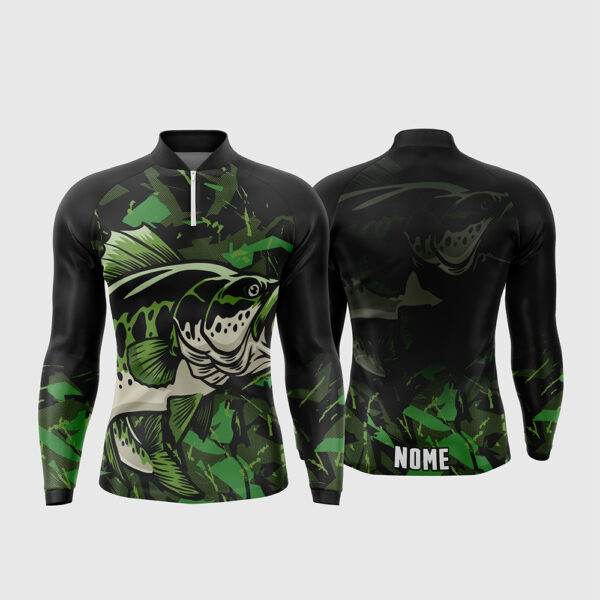 Arte Vetor Template Camisa de Pesca Esportiva Manga Longa Modelo 23 Preto Verde Camuflagem Splash Peixe Predador Oficial para Sublimacao CorelDRAW