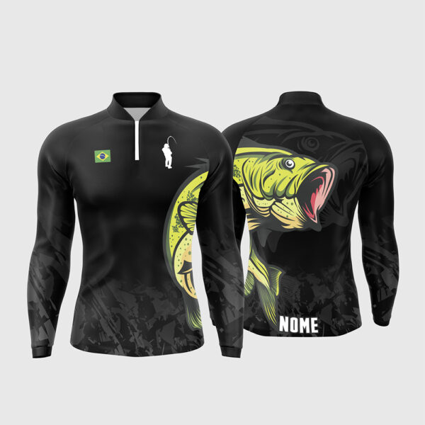 Arte Vetor Template Camisa de Pesca Esportiva Manga Longa Modelo 24 Preta Design Assimetrico Peixe Amarelo Lateral Bandeira do Brasil Oficial para Sublimacao CorelDRAW