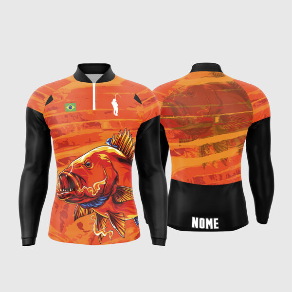 Arte Vetor Template Camisa de Pesca Esportiva Manga Longa Modelo 25 Laranja Preta Peixe Feroz Textura Grunge Bandeira do Brasil Oficial para Sublimacao CorelDRAW