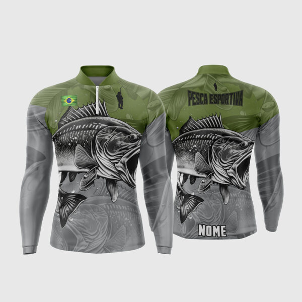 Arte Vetor Template Camisa de Pesca Esportiva Manga Longa Modelo 27 Verde Oliva Cinza Peixe Monocromatico Bandeira do Brasil Oficial para Sublimacao CorelDRAW