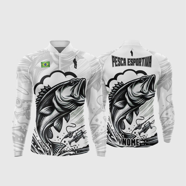 Arte Vetor Template Camisa de Pesca Esportiva Manga Longa Modelo 28 Branco e Preto Monocromatico Peixe Carretilha Bandeira do Brasil Oficial para Sublimacao CorelDRAW