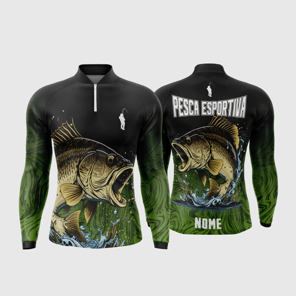 Arte Vetor Template Camisa de Pesca Esportiva Manga Longa Modelo 3 Peixe Saltando Agua Preto Verde Textura Fluida Oficial para Sublimacao CorelDRAW