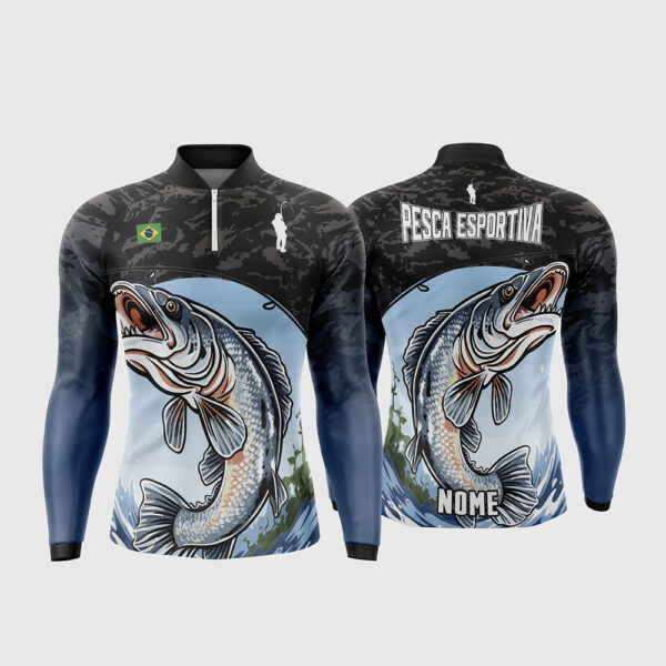 Arte Vetor Template Camisa de Pesca Esportiva Manga Longa Modelo 4 Peixe Camuflada Azul Bandeira do Brasil Oficial para Sublimacao CorelDRAW