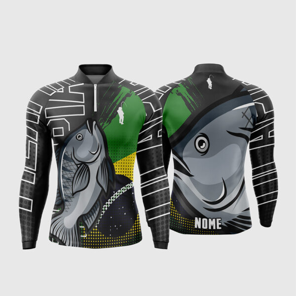 Arte Vetor Template Camisa de Pesca Esportiva Manga Longa Modelo 5 Peixe Tilapia Bandeira do Brasil Geometrico Oficial para Sublimacao CorelDRAW