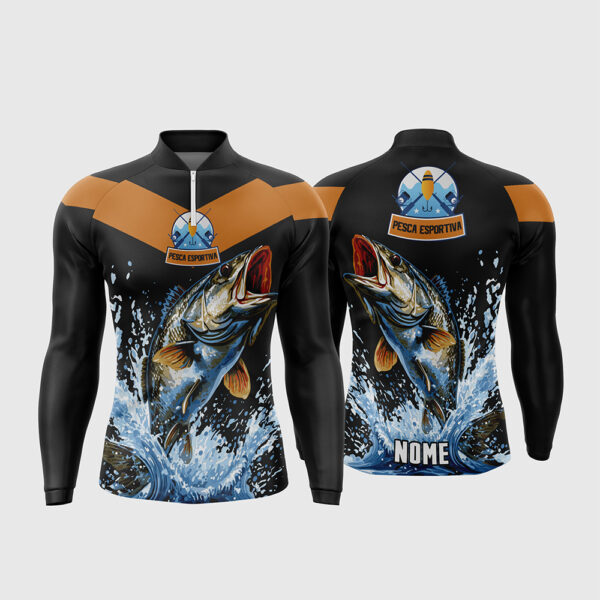 Arte Vetor Template Camisa de Pesca Esportiva Manga Longa Modelo 6 Peixe Saltando Splash Agua Preto Laranja Oficial para Sublimacao CorelDRAW