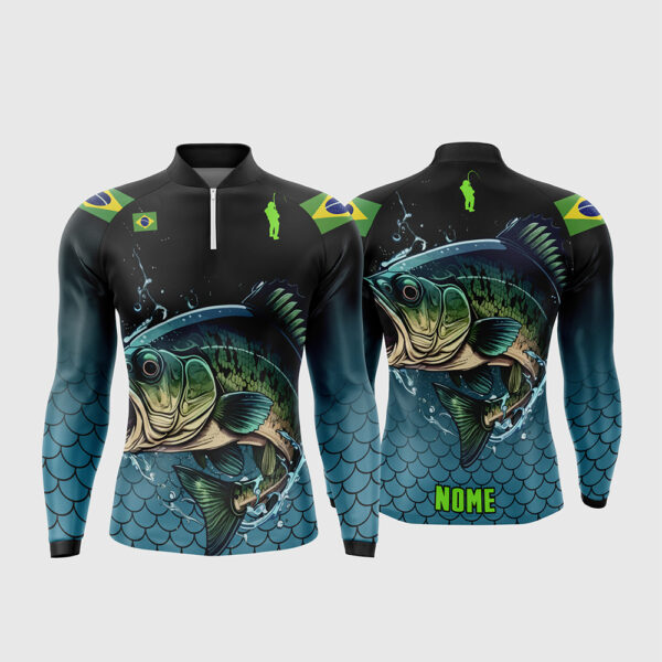 Arte Vetor Template Camisa de Pesca Esportiva Manga Longa Modelo 7 Peixe Saltando Escamas Preto Azul Verde Neon Brasil Oficial para Sublimacao CorelDRAW
