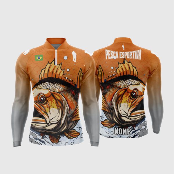 Arte Vetor Template Camisa de Pesca Esportiva Manga Longa Modelo 8 Peixe Laranja Cinza Degrade Escamas Bandeira do Brasil Oficial para Sublimacao CorelDRAW