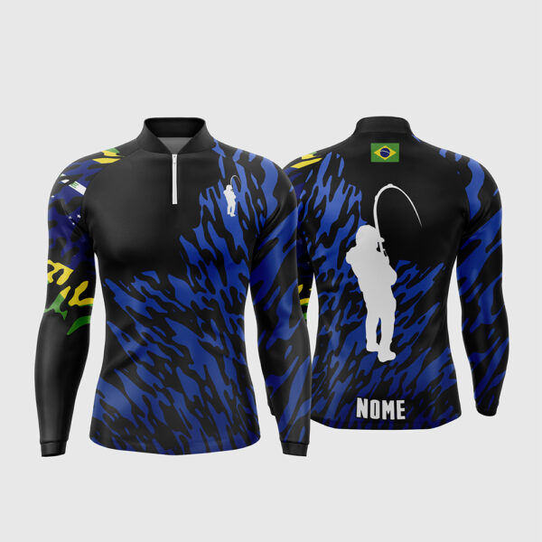 Arte Vetor Template Camisa de Pesca Esportiva Manga Longa Modelo 9 Preto Azul Textura Abstrata Silhueta Pescador Bandeira do Brasil Oficial para Sublimacao CorelDRAW