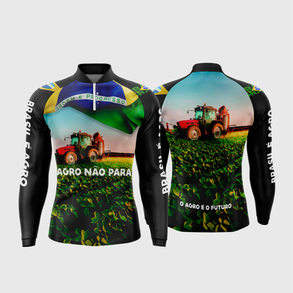 Arte Vetor Template Camisa Agro Manga Longa Trator Lavoura Soja Bandeira do Brasil Gola Padre Oficial para Sublimacao CorelDRAW