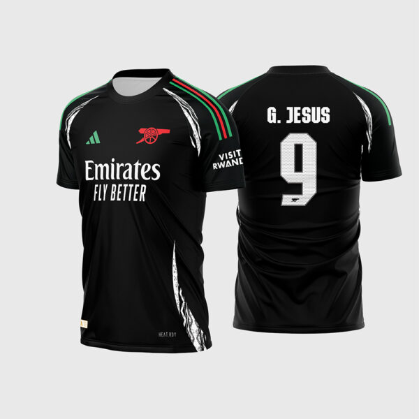 Arte Vetor Template Camisa Arsenal Reserva Away 2 Preta Vermelha Verde 2024 2025 Gabriel Jesus 9 Oficial para Sublimação