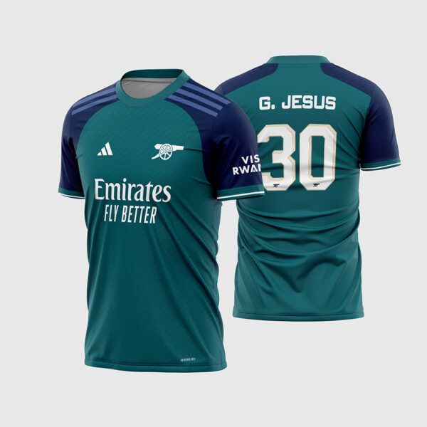 Arte Vetor Template Camisa Arsenal Terceira 3 Verde Azul 2023 2024 Gabriel Jesus 30 Oficial para Sublimação