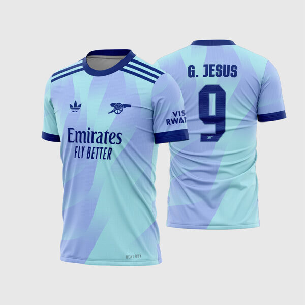 Arte Vetor Template Camisa Arsenal Terceira 3 Azul Lilas 2024 2025 Gabriel Jesus 9 Logo Retro Oficial para Sublimação