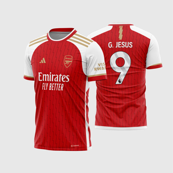 Arte Vetor Template Camisa Arsenal Titular Home 1 Vermelha Branca Dourada 2023 2024 Gabriel Jesus 9 Oficial para Sublimação