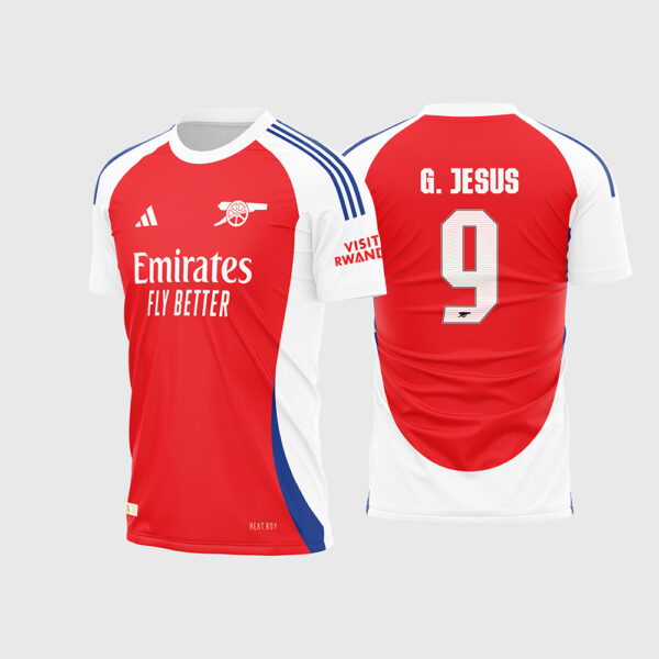 Arte Vetor Template Camisa Arsenal Titular Home 1 Vermelha Branca Azul 2024 2025 Gabriel Jesus 9 Oficial para Sublimação