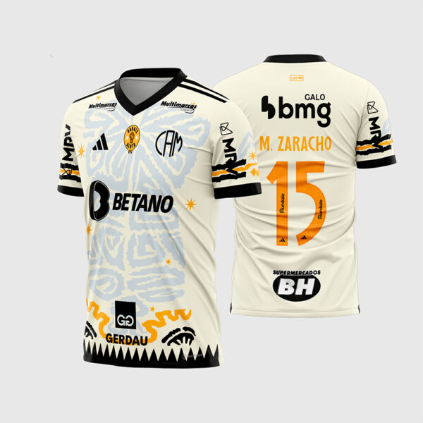 Arte Vetor Template Camisa Atletico Mineiro Consciencia Negra Creme Raca e Luta 2023 2024 Zaracho 15 Oficial para Sublimacao
