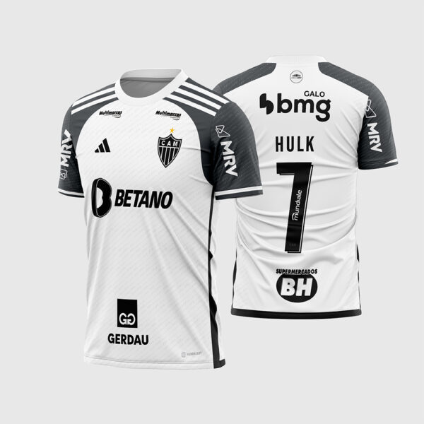 Arte Vetor Template Camisa Atletico Mineiro Reserva Away 2 Branca Mangas Cinzas 2023 2024 Hulk 7 Arena MRV Oficial para Sublimação