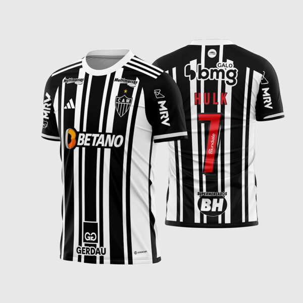 Arte Vetor Template Camisa Atletico Mineiro Titular Home 1 Listrada Preta Branca 2023 2024 Hulk 7 Arena MRV Oficial para Sublimação