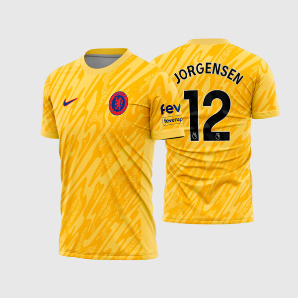 Arte Vetor Template Camisa Chelsea Goleiro Amarela 2024 2025 Jorgensen 12 Textura Abstrata Oficial para Sublimação