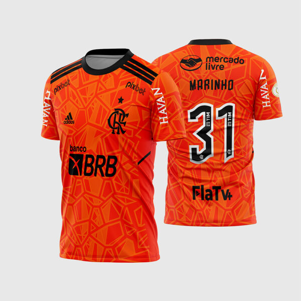 Arte Vetor Template Camisa Flamengo Goleiro 2022 2023 Laranja Preta Marinho 31 Oficial Padrão Geométrico para Sublimação