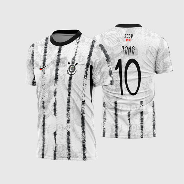 Arte Vetor Template Camisa Interclasse Corinthians Concept Branca Listras Pretas Grunge Brush SCCP 1910 Oficial para Sublimacao CorelDRAW