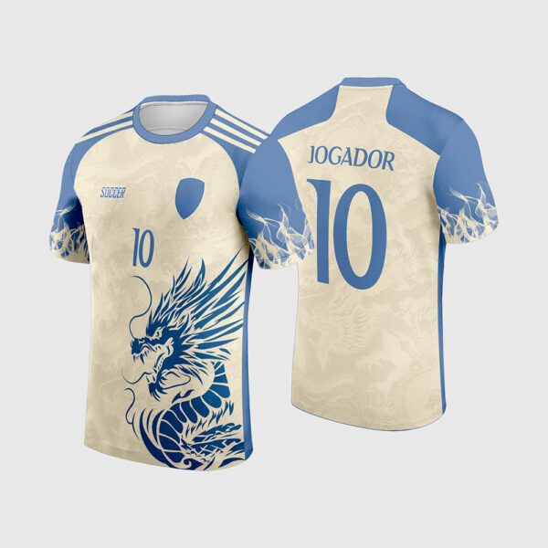 Arte Vetor Template Camisa Interclasse Mascote Dragao Oriental Creme Azul Textura 2026 Jogador 10 Oficial para Sublimacao CorelDRAW