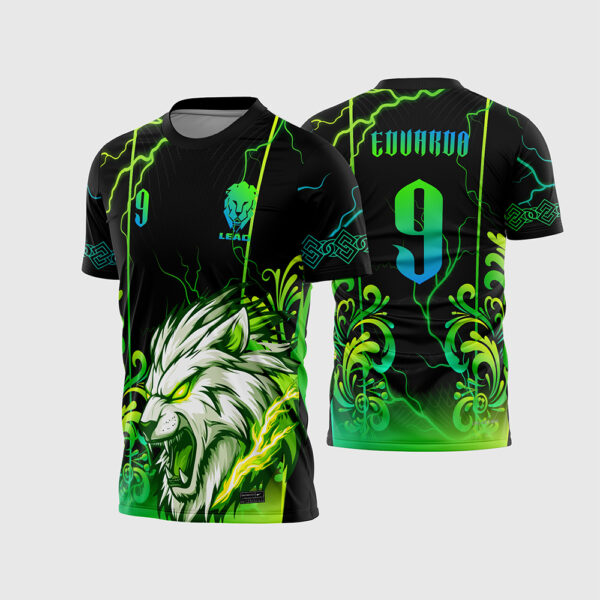 Arte Vetor Camisa Interclasse eSports Mascote Leão Feroz Preta Verde Neon Azul Raios para Sublimação