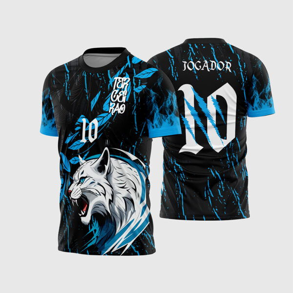Arte Vetor Camisa Interclasse Jogos Internos Terceirão Lince Preto Azul Mascote eSports para Sublimação