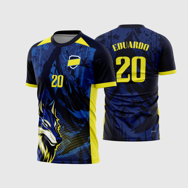 Arte Vetor Camisa Interclasse Lobo Azul e Amarelo Mascote Feroz Floresta eSports Times para Sublimação