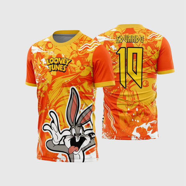 Arte Vetor Camisa Interclasse Jogos Escolares Desenho Cartoon Looney Tunes Pernalonga Laranja Amarelo Textura para Sublimação