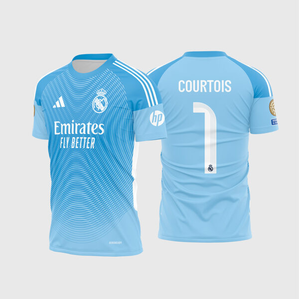 Arte Vetor Template Camisa Real Madrid Goleiro 2025 2026 Azul Claro Courtois 1 Oficial para Sublimação