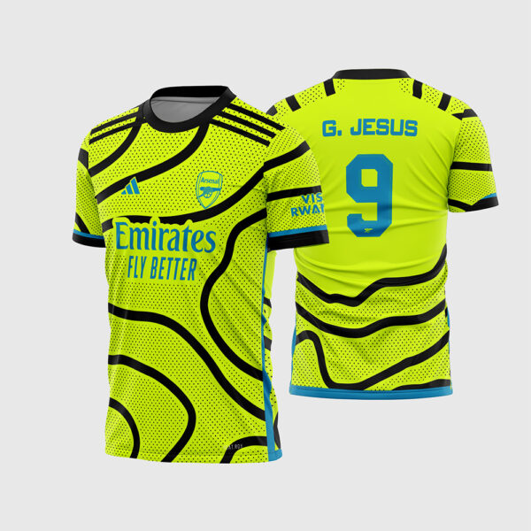 Arte Vetor Template Camisa Arsenal Reserva Away Amarela Fluorescente Preta 2023 2024 Gabriel Jesus 9 Oficial para Sublimação