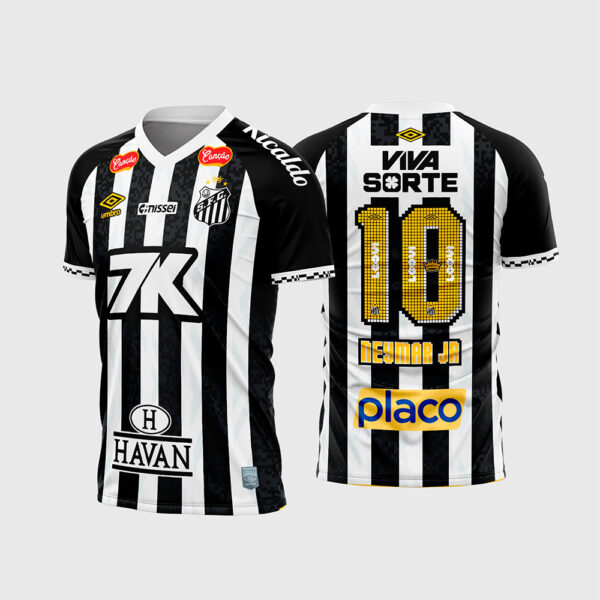 Arte Vetor Template Camisa Santos Reserva Away 2 Listrada Preta Branca 2025 2026 Neymar Jr 10 Efeito Pixelado 8 Bits Oficial para Sublimação