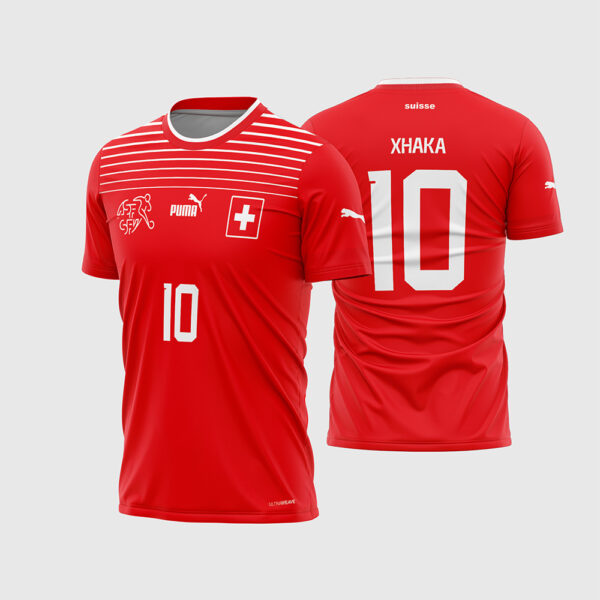 Arte Vetor Template Camisa Selecao Suica Titular Home 1 Vermelha Listras 2022 2023 Xhaka 10 Oficial para Sublimacao CorelDRAW