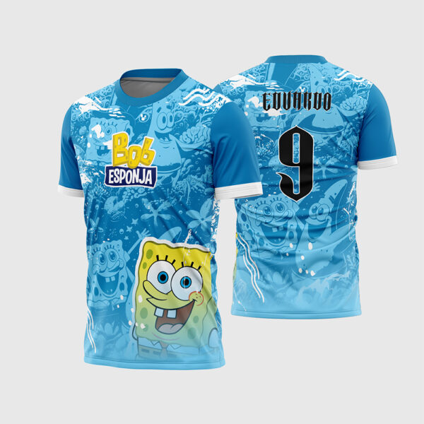 Arte Vetor Camisa Interclasse Jogos Escolares Desenho Cartoon Bob Esponja Patrick Fenda do Biquini Azul Textura para Sublimação